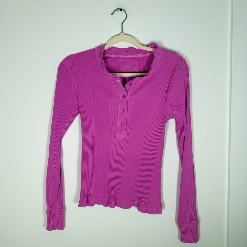 Aerie Road Trip Pink Ribbed Long Sleeve Henley Top Medium